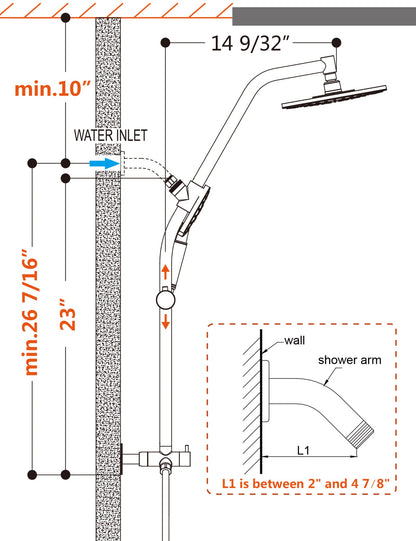 BRIGHT SHOWERS Rain Shower Head with Handheld Combo, Dual Shower System with Slide Bar, Rain Shower System, Adjustable Height, Brass Slide Bar & Diverter, 60 Inch Stainless Steel Hose