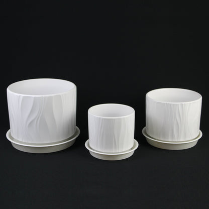 3-Piece White Stoneware Planter Pot Set with Embossed Texture