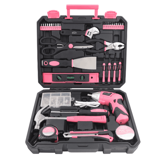 New and Improved 135 Piece Pink Household Tool Set with Pivoting Dual-Angle 3.6 Volt Lithium-Ion Cordless Screwdriver in Hard Case - DT0774P