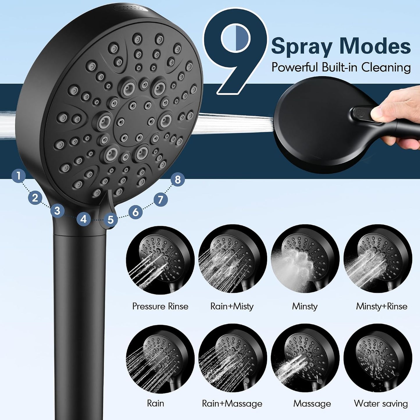 Filtered Shower Head with Handheld, High Pressure 9-Spray Showerhead with Hose and Bracket