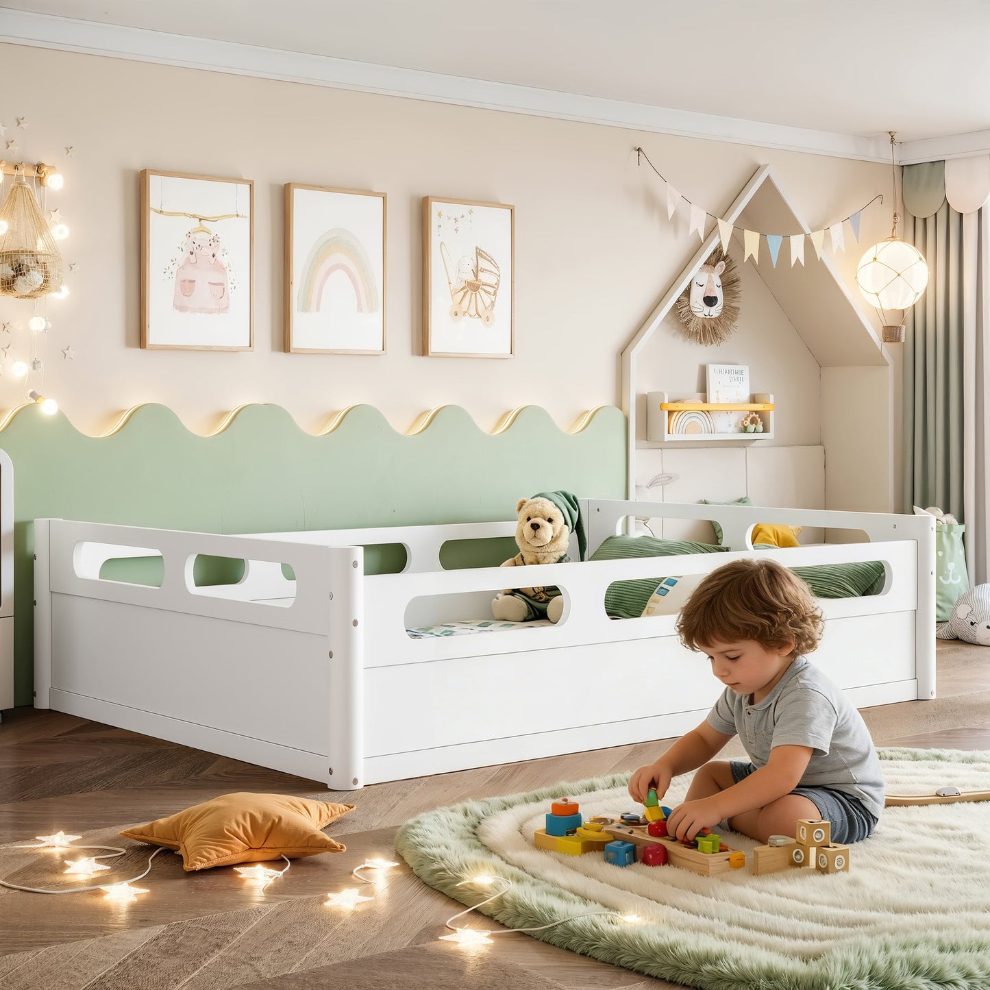 Full Size Floor Platform Bed with Full-length Guardrails