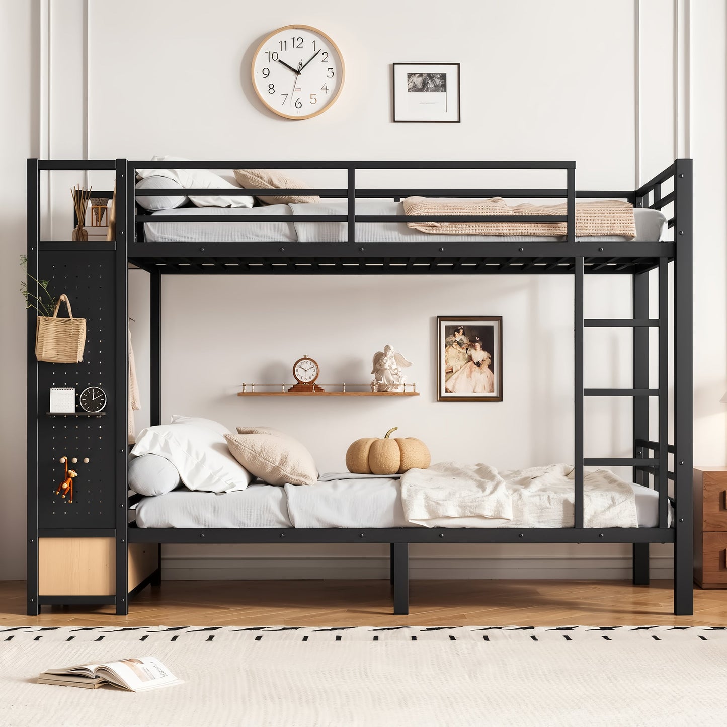 Twin XL Over Twin XL Metal Bunk Bed with Storage Shelves