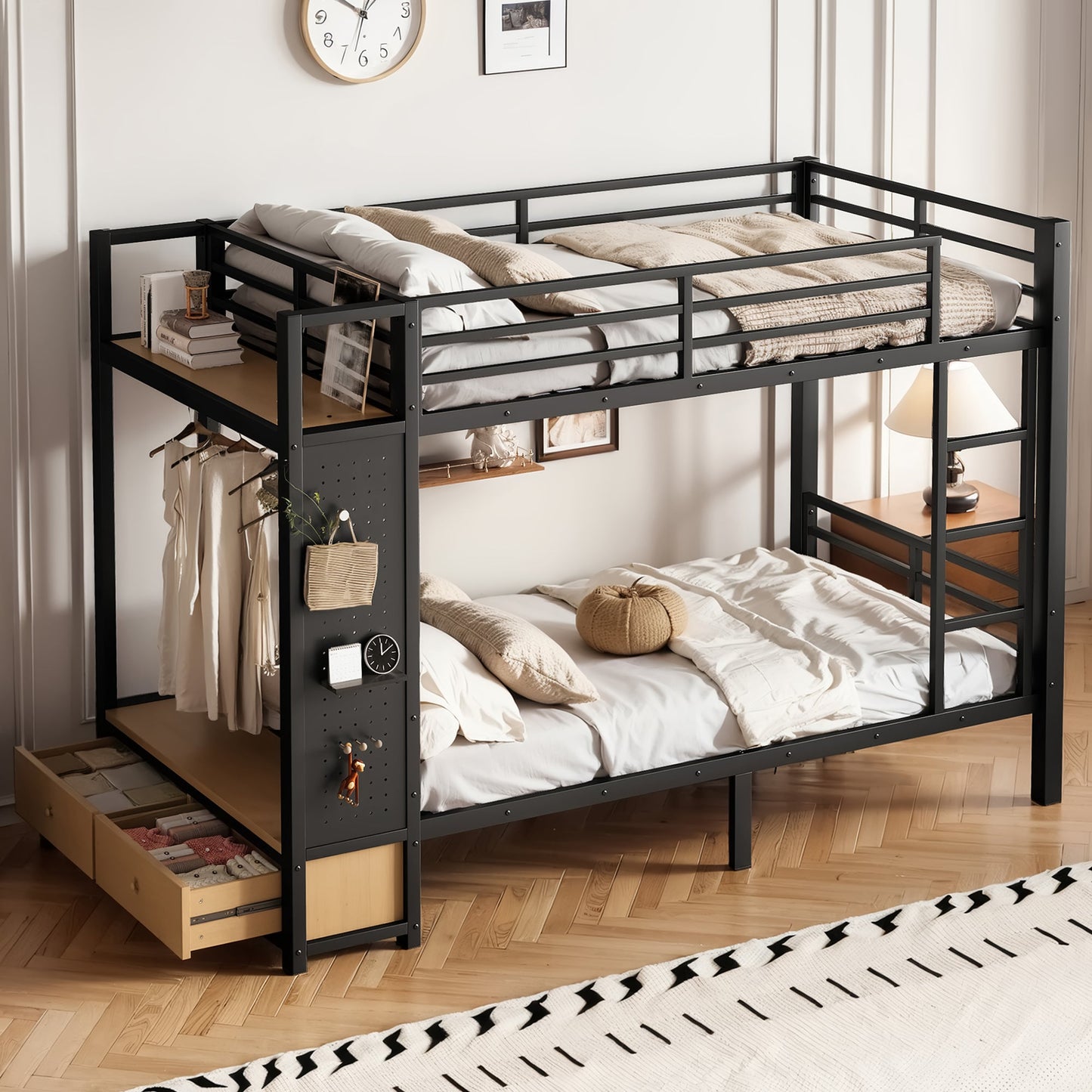 Twin XL Over Twin XL Metal Bunk Bed with Storage Shelves
