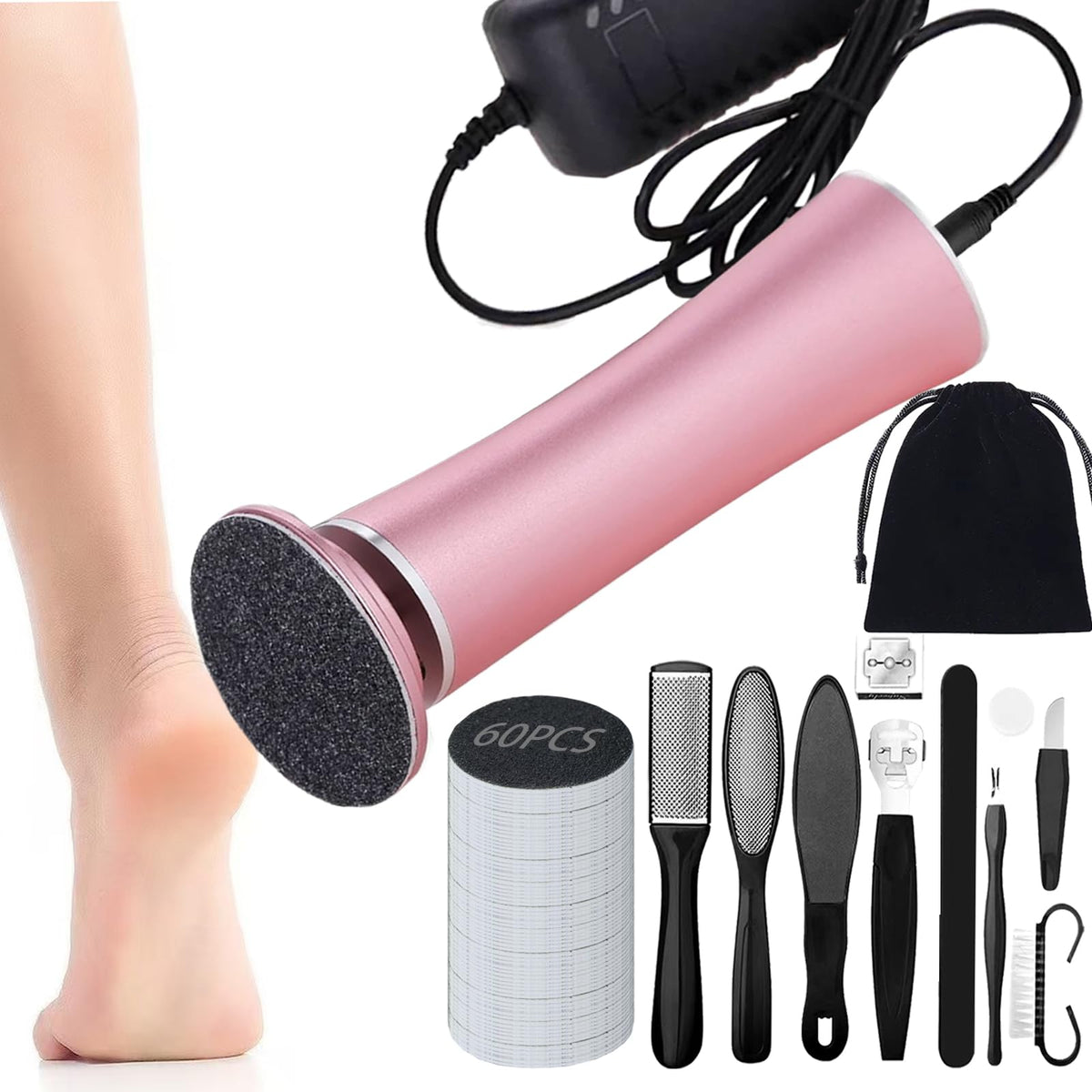 Darmave Electric Foot Callus Remover, Smooth Pedicure Wand with 60 Sanding Pads, Foot Scrubber File, Pedicure Tools for Feet, Heel Scraper for Cracked Heels