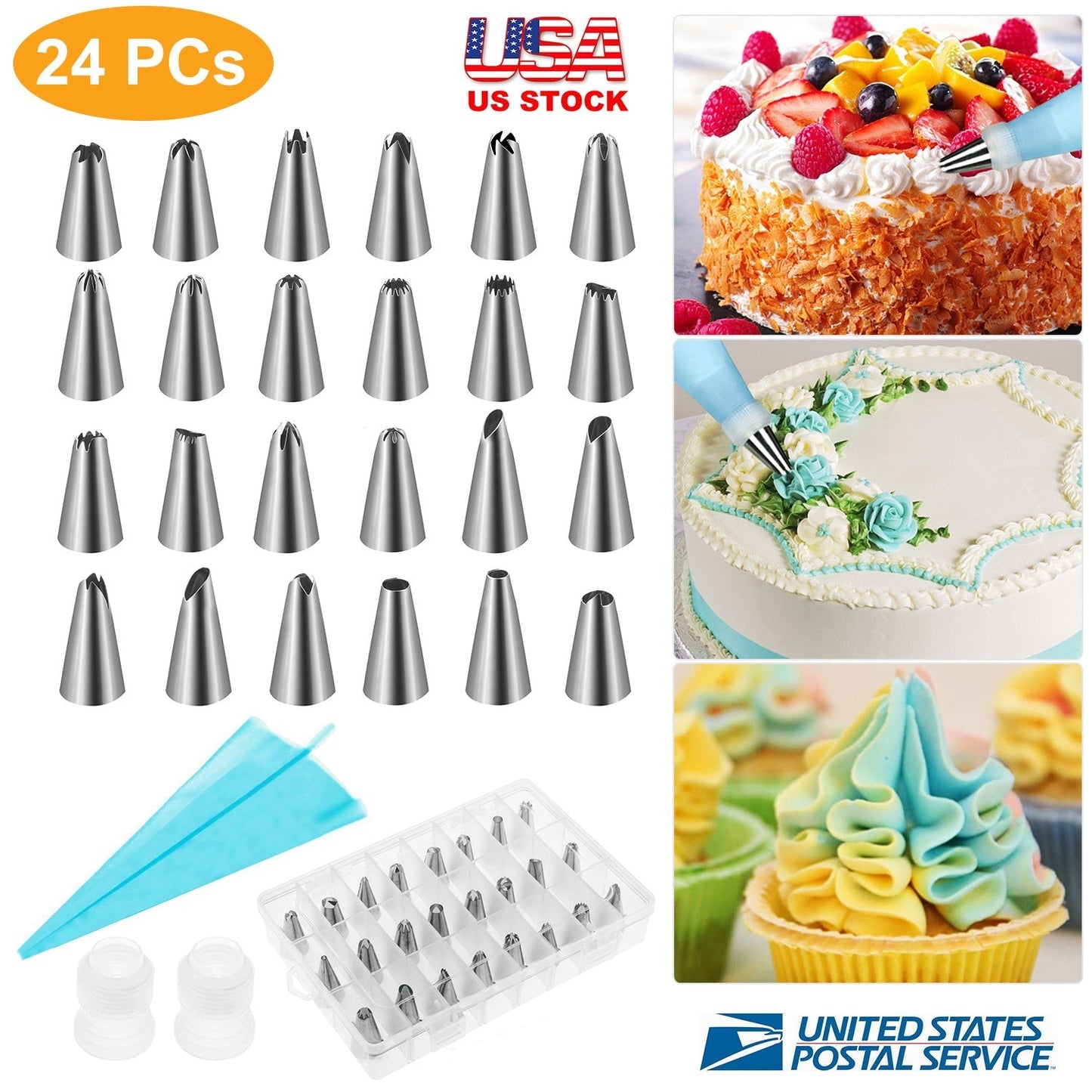 24Pcs Cake Decorating Supplies kit Stainless Steel DIY Baking Supplies Icing Tips with Pastry Bags & Disposable Coupler & Storage Case