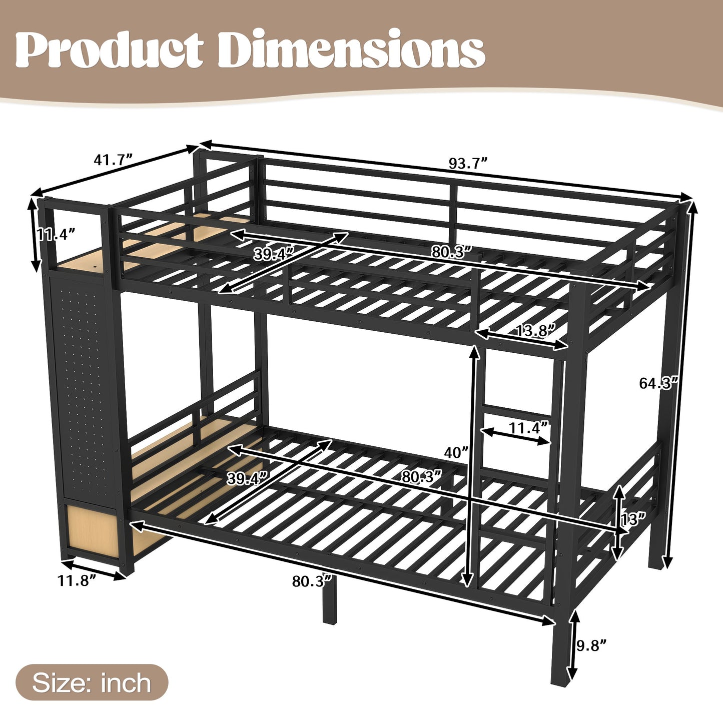 Twin XL Over Twin XL Metal Bunk Bed with Storage Shelves