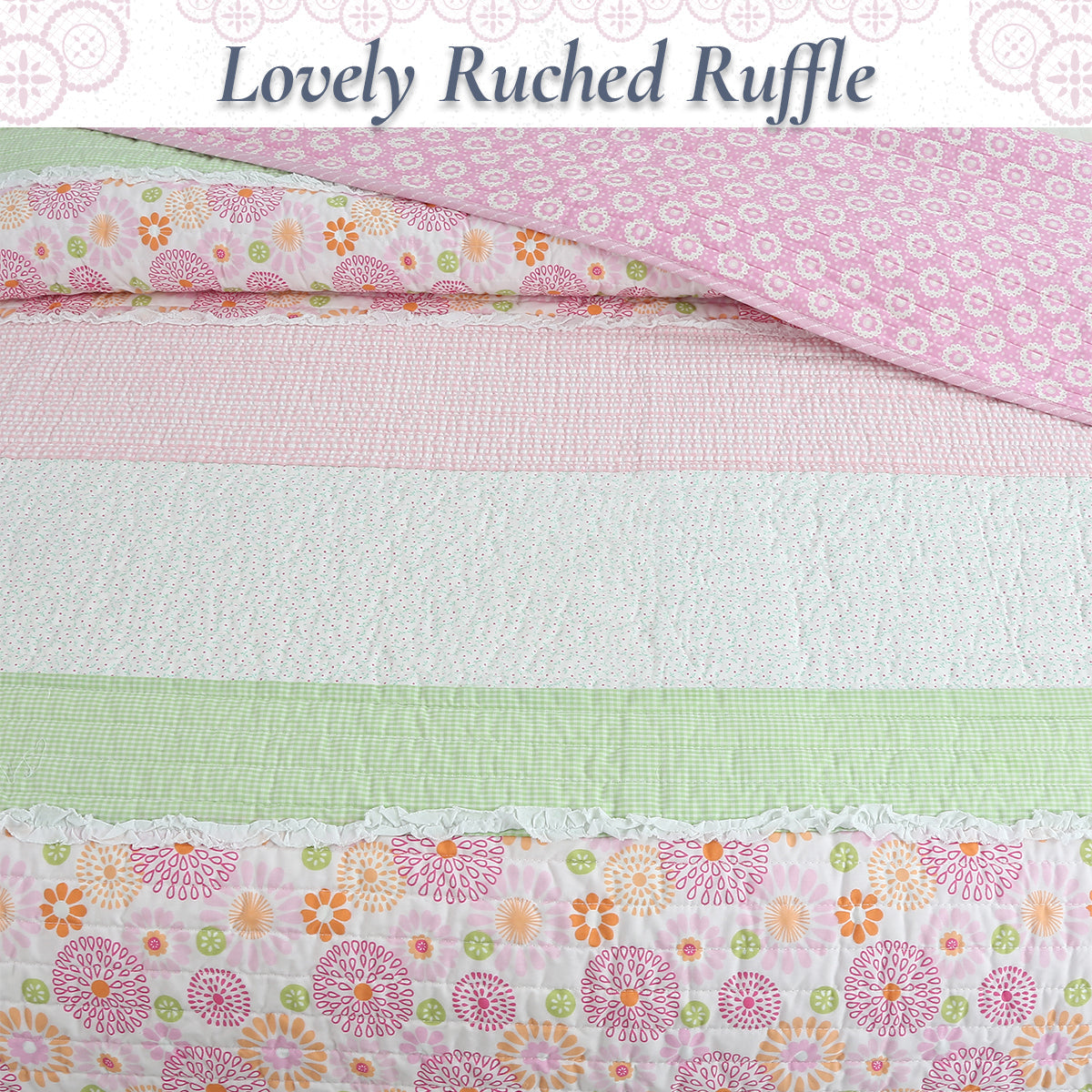 Pink Floral Fun Whimsy Gingham Stripe Cotton Quilt Bedding Set