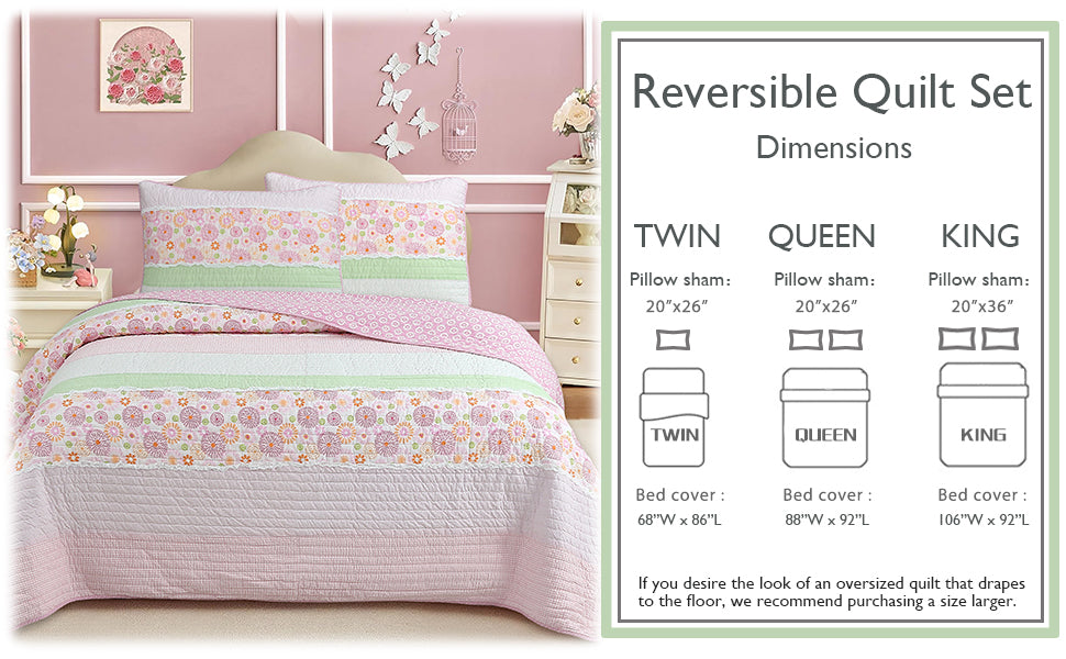 Pink Floral Fun Whimsy Gingham Stripe Cotton Quilt Bedding Set