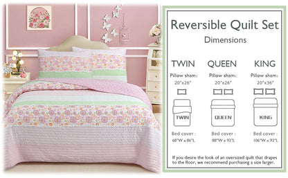 Pink Floral Fun Whimsy Gingham Stripe Cotton Quilt Bedding Set