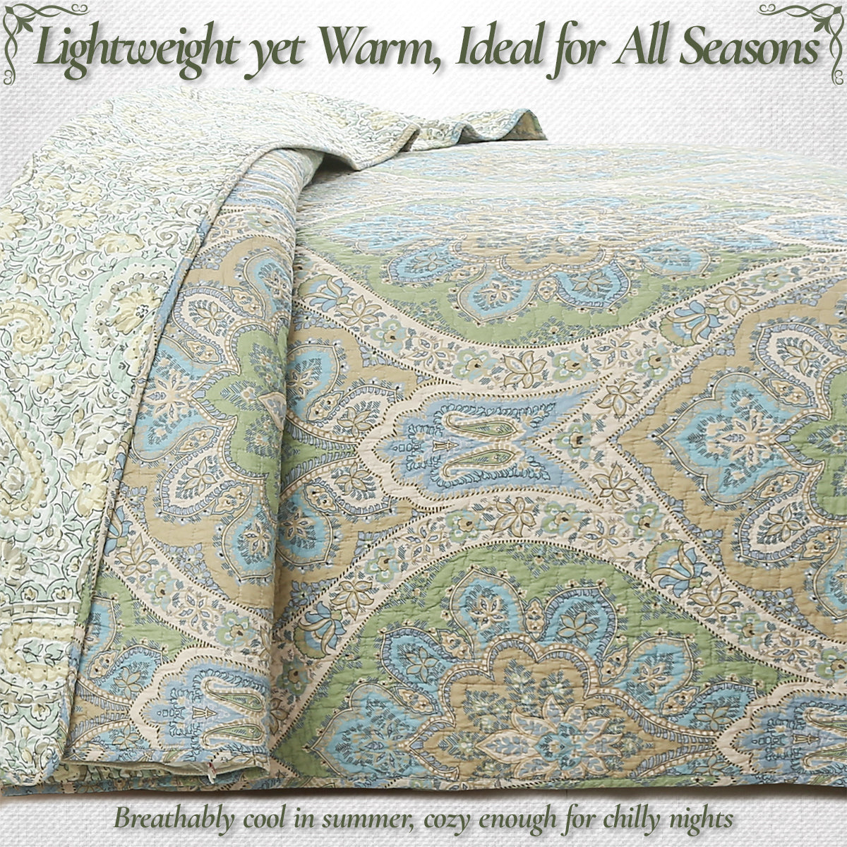 Tweedia Blue Green Floral Paisley Damask 3 Piece Cotton Quilt Bedding Set