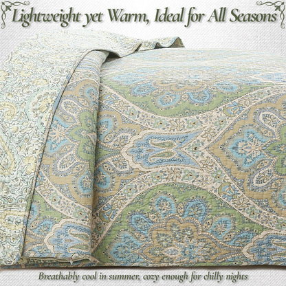 Tweedia Blue Green Floral Paisley Damask 3 Piece Cotton Quilt Bedding Set