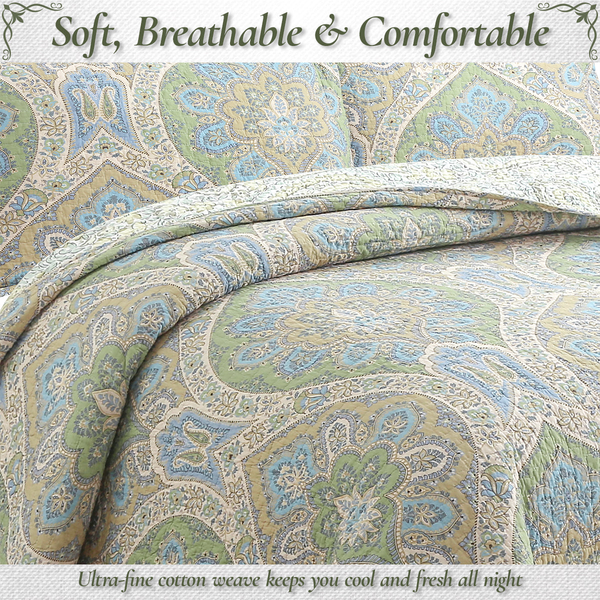 Tweedia Blue Green Floral Paisley Damask 3 Piece Cotton Quilt Bedding Set