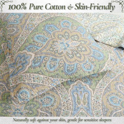 Tweedia Blue Green Floral Paisley Damask 3 Piece Cotton Quilt Bedding Set