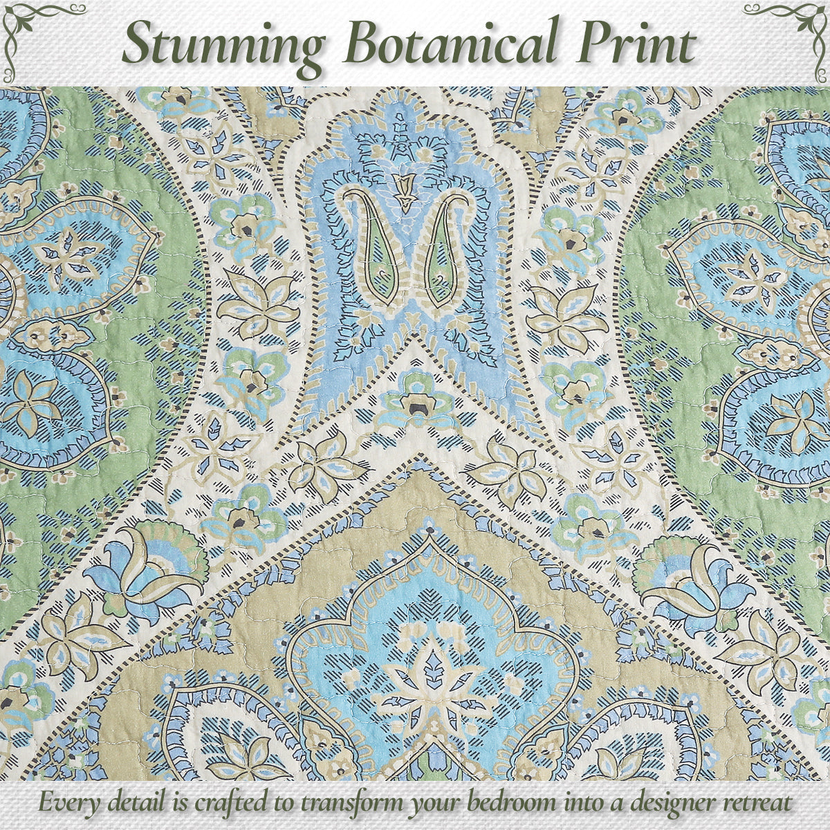 Tweedia Blue Green Floral Paisley Damask 3 Piece Cotton Quilt Bedding Set