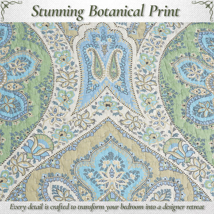 Tweedia Blue Green Floral Paisley Damask 3 Piece Cotton Quilt Bedding Set