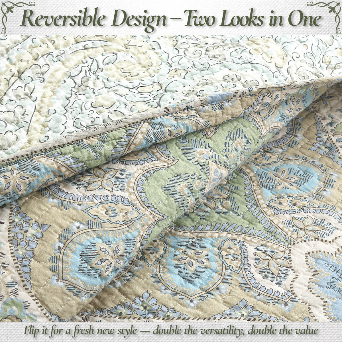 Tweedia Blue Green Floral Paisley Damask 3 Piece Cotton Quilt Bedding Set