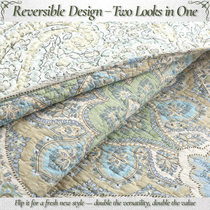 Tweedia Blue Green Floral Paisley Damask 3 Piece Cotton Quilt Bedding Set