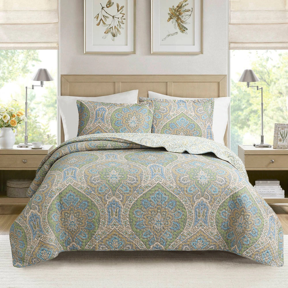 Tweedia Blue Green Floral Paisley Damask 3 Piece Cotton Quilt Bedding Set