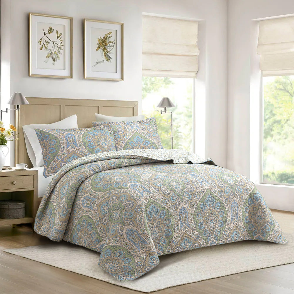 Tweedia Blue Green Floral Paisley Damask 3 Piece Cotton Quilt Bedding Set