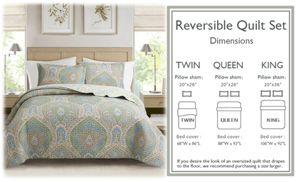 Tweedia Blue Green Floral Paisley Damask 3 Piece Cotton Quilt Bedding Set