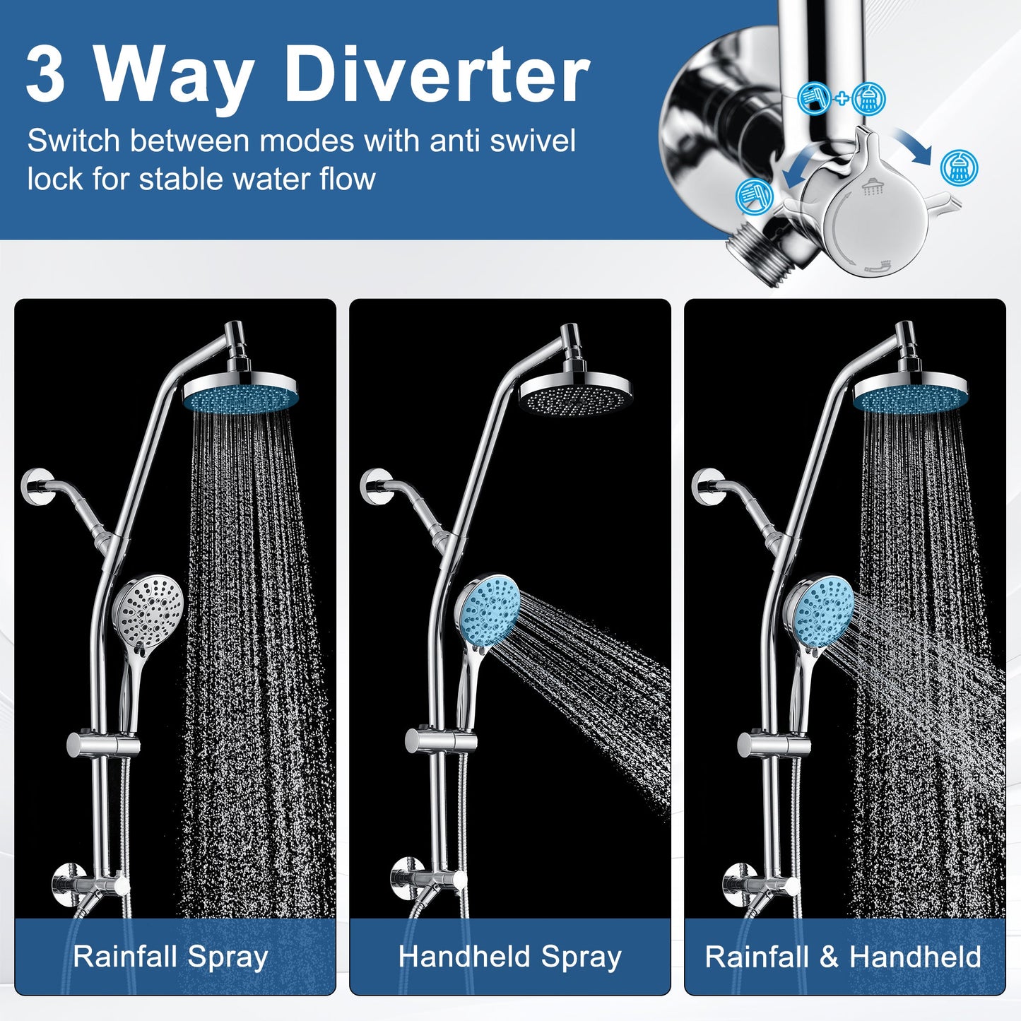BRIGHT SHOWERS Rain Shower Head with Handheld Combo, Dual Shower System with Slide Bar, Rain Shower System, Adjustable Height, Brass Slide Bar & Diverter, 60 Inch Stainless Steel Hose