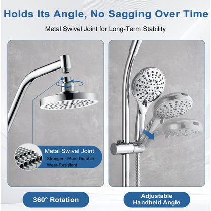 BRIGHT SHOWERS Rain Shower Head with Handheld Combo, Dual Shower System with Slide Bar, Rain Shower System, Adjustable Height, Brass Slide Bar & Diverter, 60 Inch Stainless Steel Hose