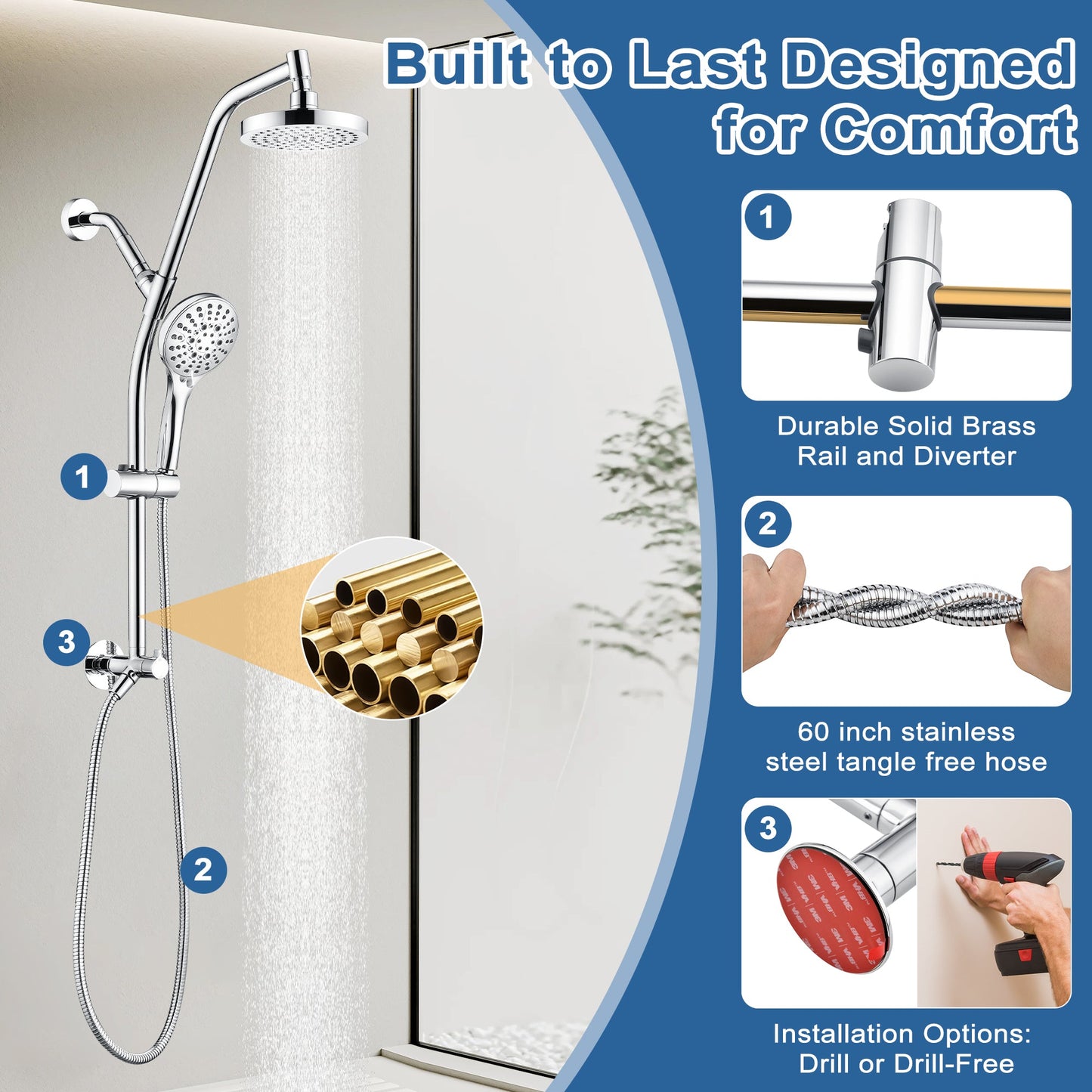 BRIGHT SHOWERS Rain Shower Head with Handheld Combo, Dual Shower System with Slide Bar, Rain Shower System, Adjustable Height, Brass Slide Bar & Diverter, 60 Inch Stainless Steel Hose