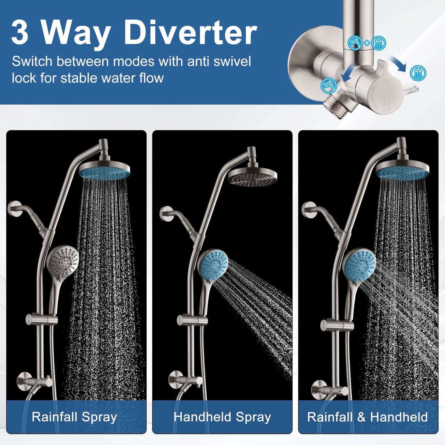 BRIGHT SHOWERS Rain Shower Head with Handheld Combo, Dual Shower System with Slide Bar, Rain Shower System, Adjustable Height, Brass Slide Bar & Diverter, 60 Inch Stainless Steel Hose