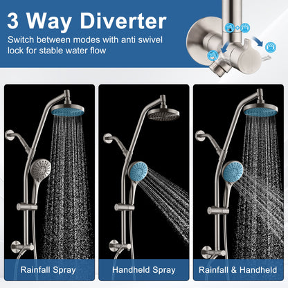 BRIGHT SHOWERS Rain Shower Head with Handheld Combo, Dual Shower System with Slide Bar, Rain Shower System, Adjustable Height, Brass Slide Bar & Diverter, 60 Inch Stainless Steel Hose