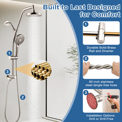BRIGHT SHOWERS Rain Shower Head with Handheld Combo, Dual Shower System with Slide Bar, Rain Shower System, Adjustable Height, Brass Slide Bar & Diverter, 60 Inch Stainless Steel Hose