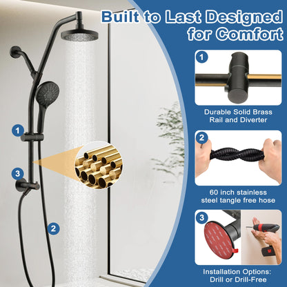BRIGHT SHOWERS Rain Shower Head with Handheld Combo, Dual Shower System with Slide Bar, Rain Shower System, Adjustable Height, Brass Slide Bar & Diverter, 60 Inch Stainless Steel Hose