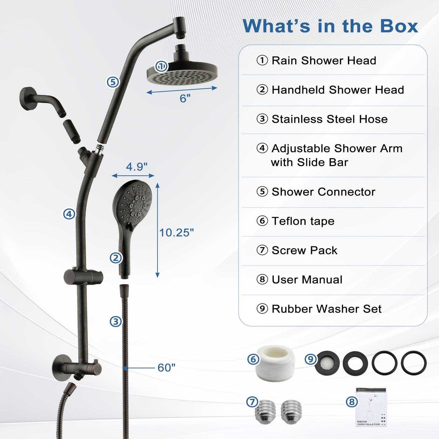 BRIGHT SHOWERS Rain Shower Head with Handheld Combo, Dual Shower System with Slide Bar, Rain Shower System, Adjustable Height, Brass Slide Bar & Diverter, 60 Inch Stainless Steel Hose