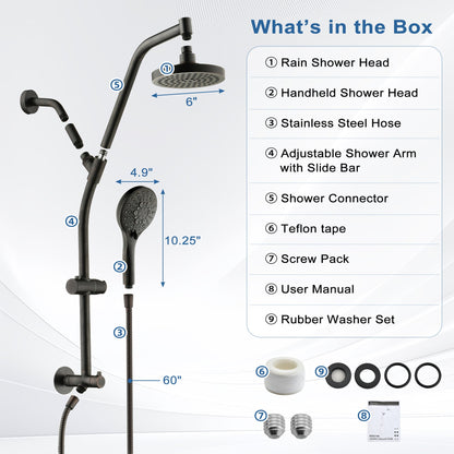 BRIGHT SHOWERS Rain Shower Head with Handheld Combo, Dual Shower System with Slide Bar, Rain Shower System, Adjustable Height, Brass Slide Bar & Diverter, 60 Inch Stainless Steel Hose