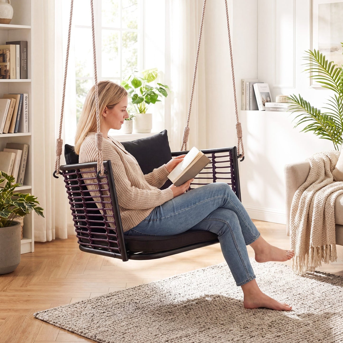 Hanging Rattan Porch Swing Chair with Cushions