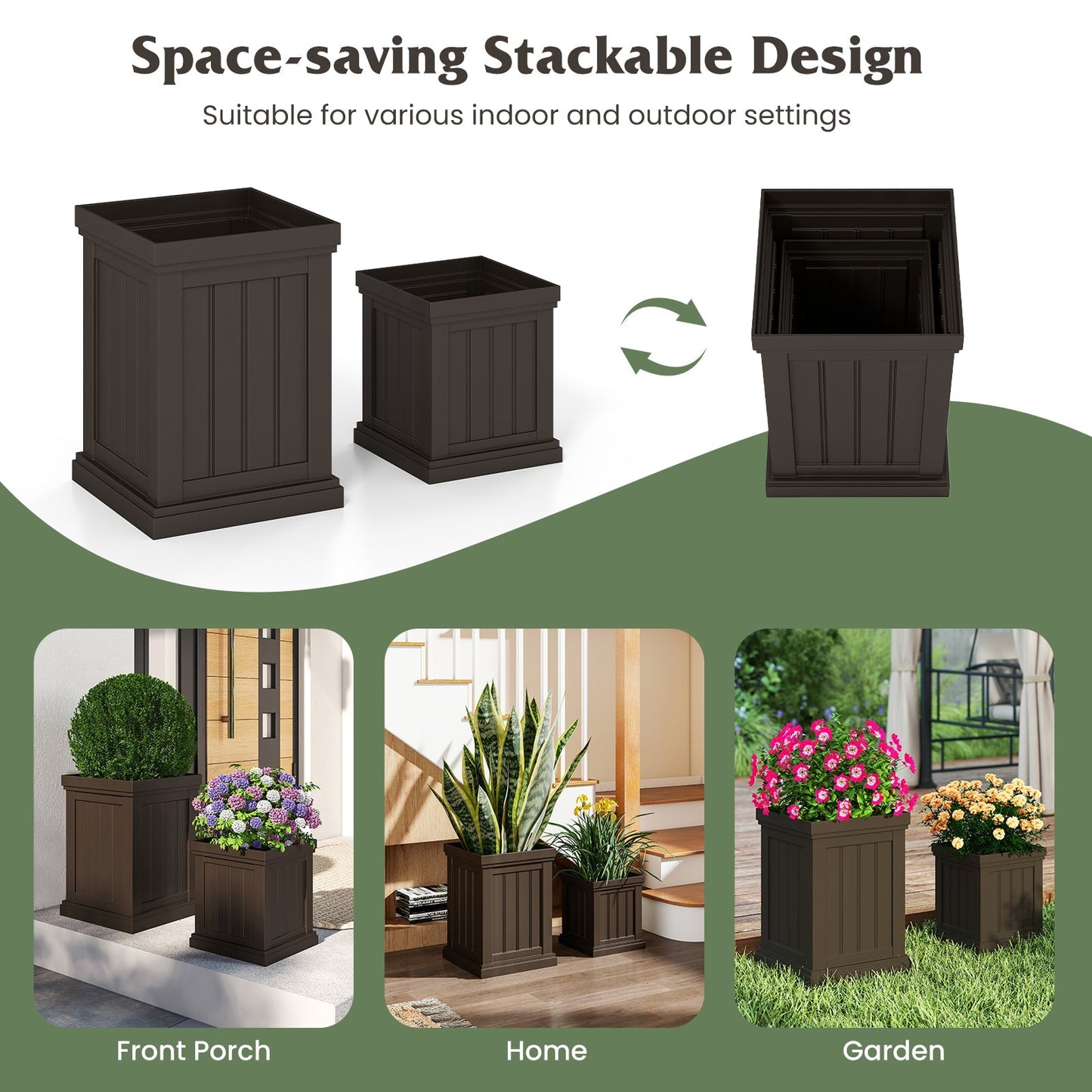 Square Plastic Planters Set of 2 Small Flower Pots with Drainage Holes and Nesting Design-Brown