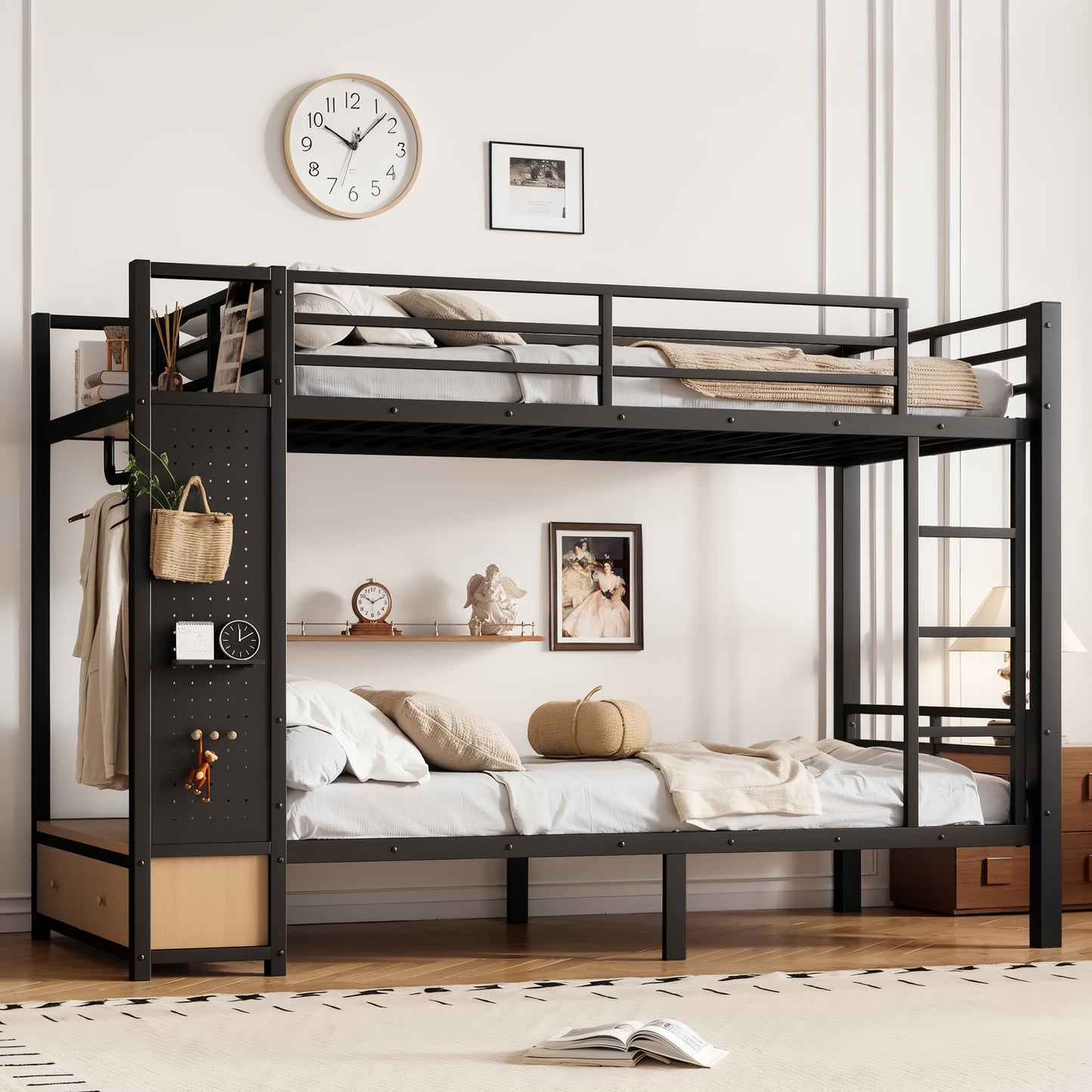 Twin XL Over Twin XL Metal Bunk Bed with Storage Shelves