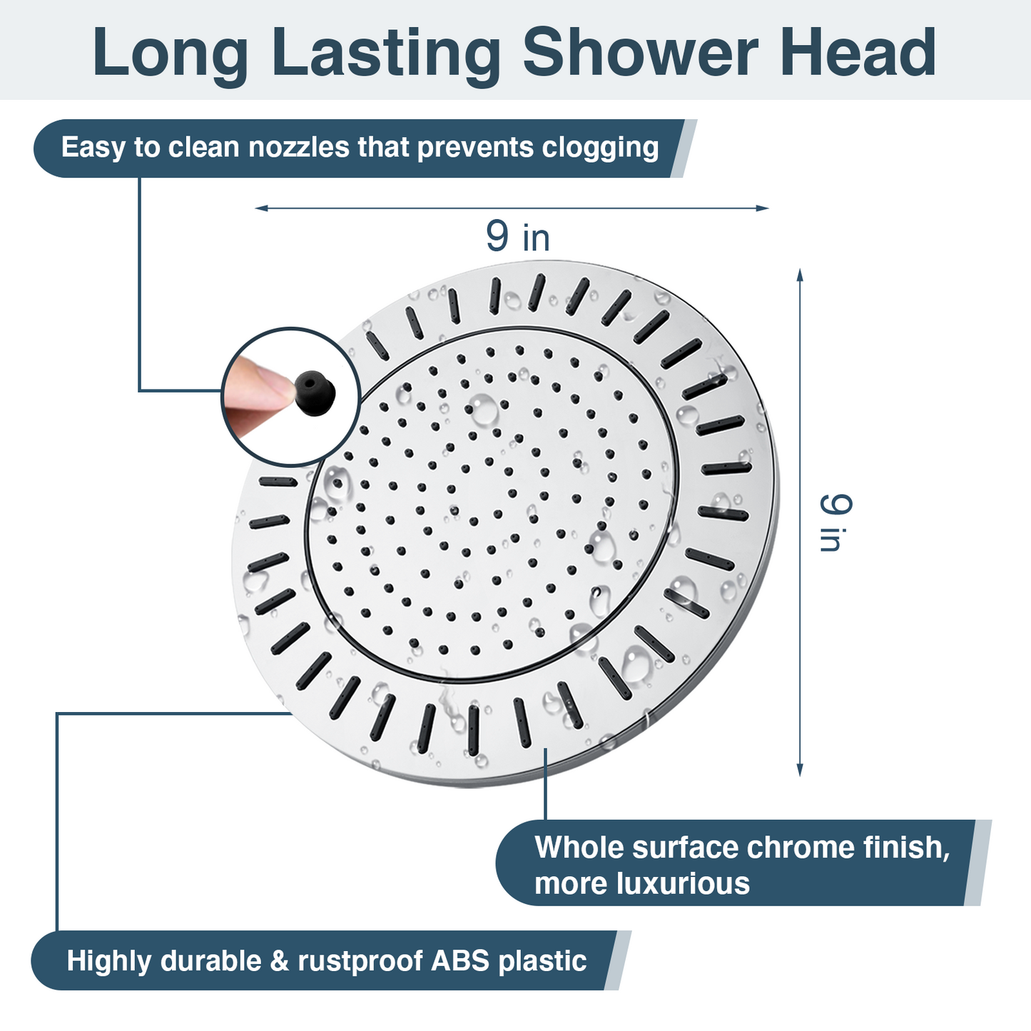 9-Inch Waterfall Rain Shower Head with Adjustable Angle and Anti-Clog Silicone Nozzles