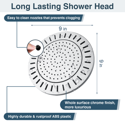 9-Inch Waterfall Rain Shower Head with Adjustable Angle and Anti-Clog Silicone Nozzles