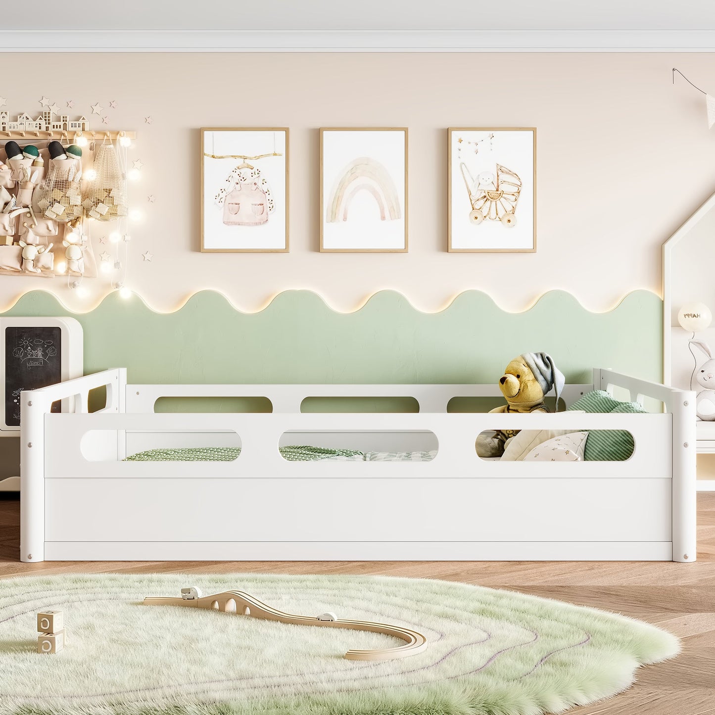 Full Size Floor Platform Bed with Full-length Guardrails