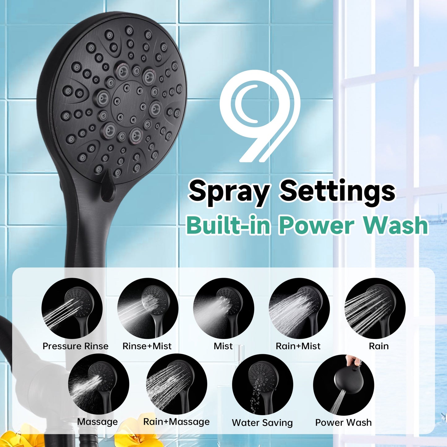 Handheld Shower Head, 9-Spray Showerhead with 69" Hose, Bracket