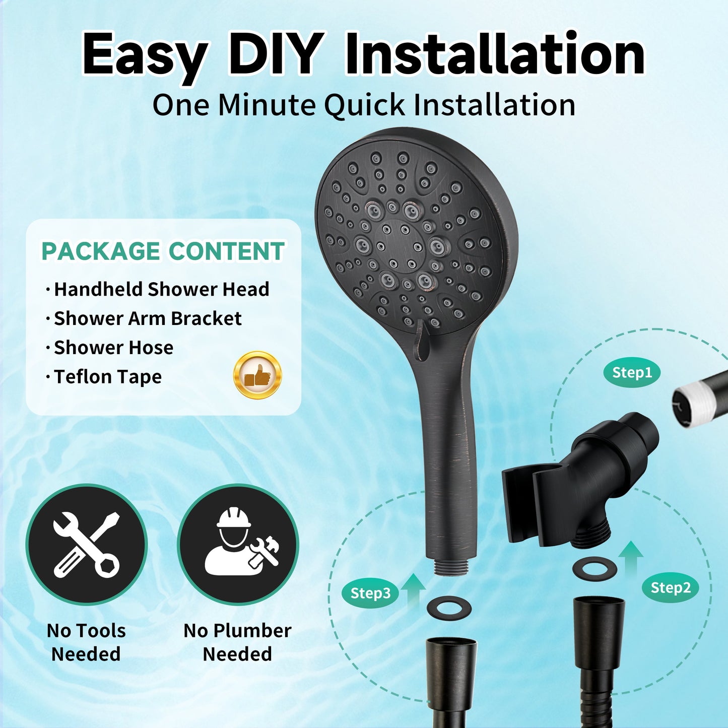 Handheld Shower Head, 9-Spray Showerhead with 69" Hose, Bracket