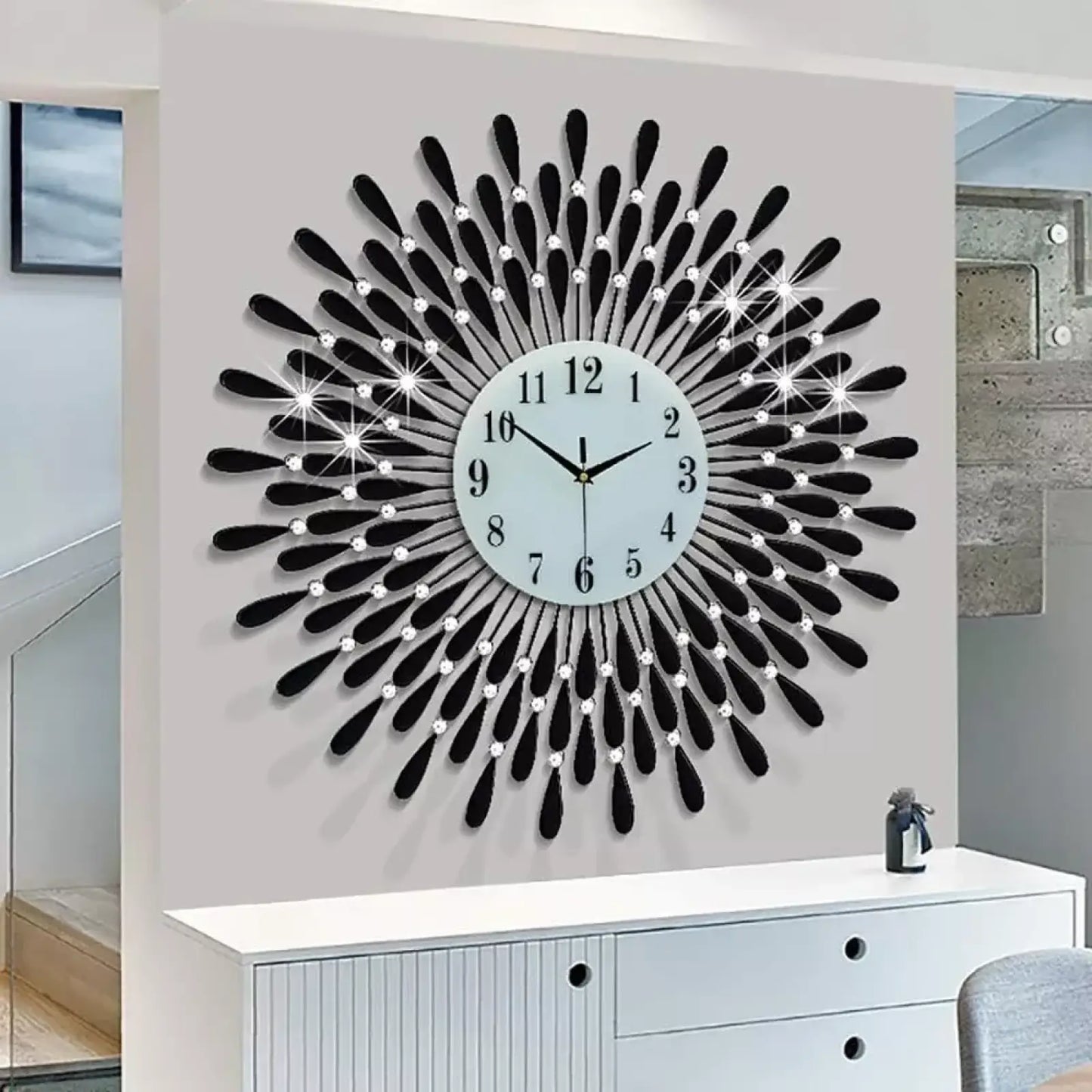 Crystal Wall Clock 38cm Silver Sunburst Home Decor