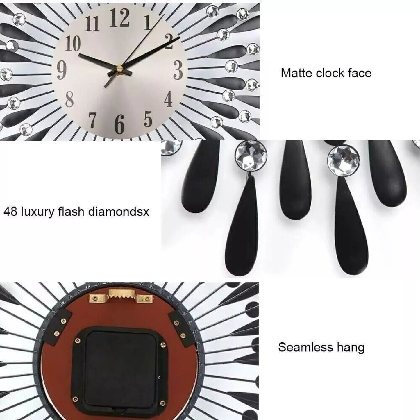 Crystal Wall Clock 38cm Silver Sunburst Home Decor