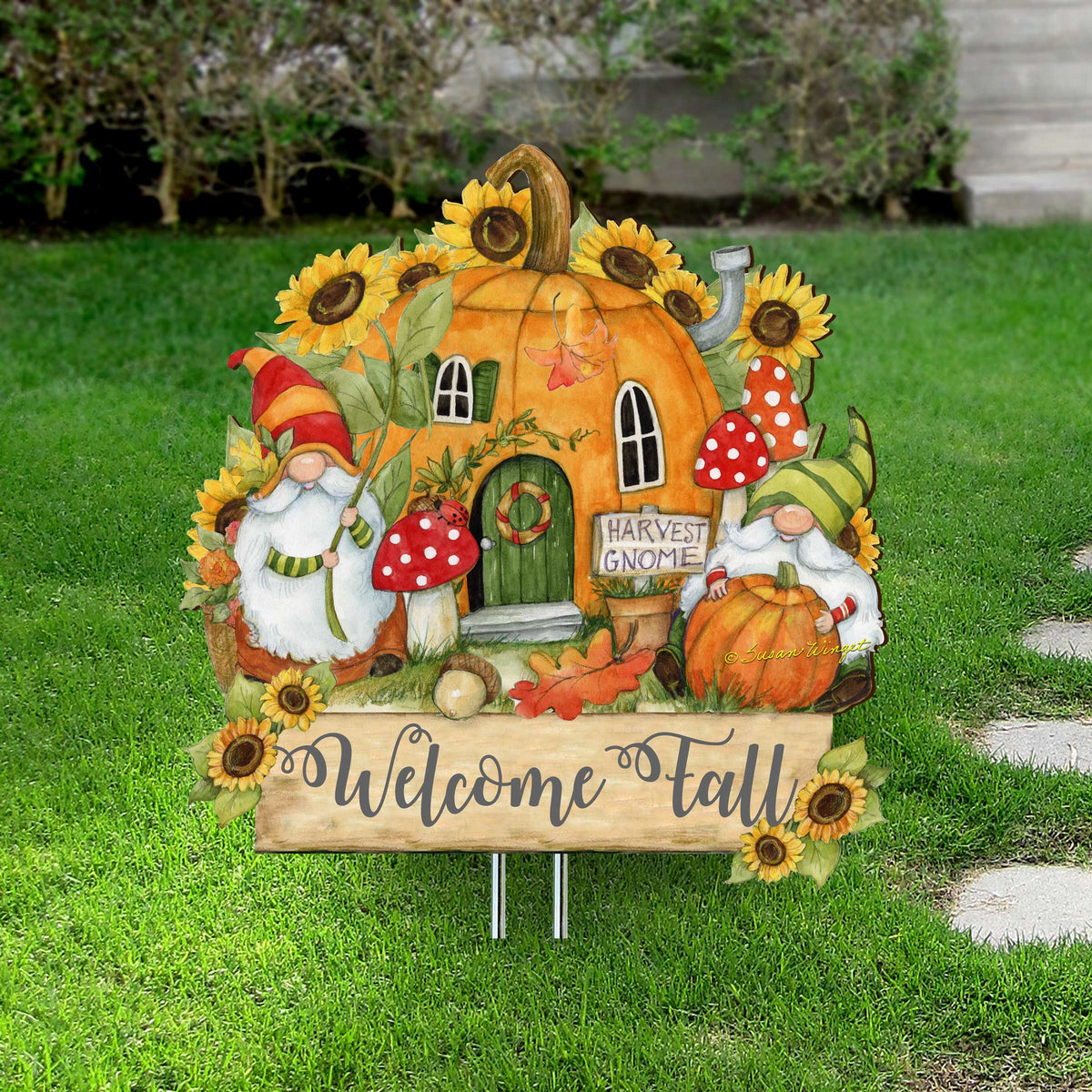 Outdoor Garden Stake Fall Decoration - Front Yard Gnome Welcome Sign - Backyard Decor - Cornucopia Garden Decor - Harvest Handmade Gift - Autumn Front Yard Decor by Susan Winget - 8471209M-SW