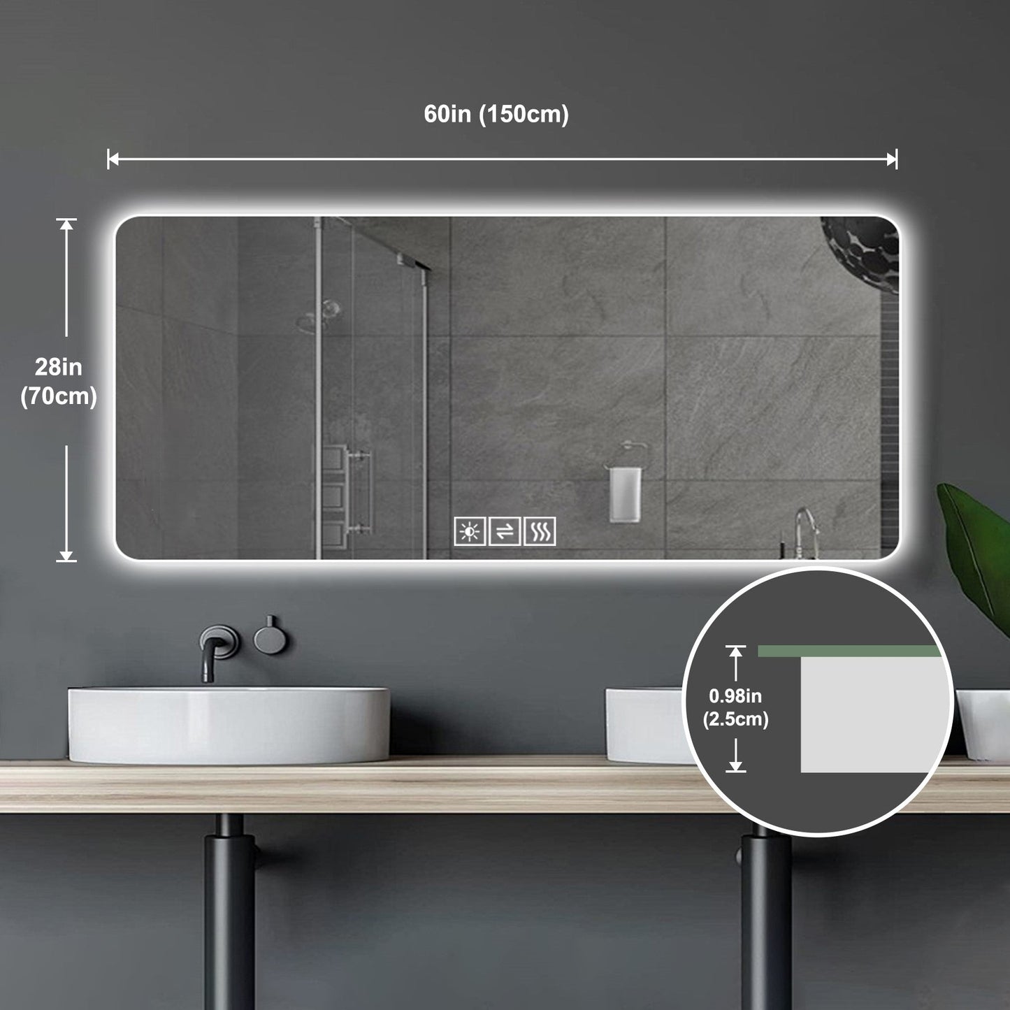 28"x60" Frameless LED Bathroom Mirror with Demist Function
