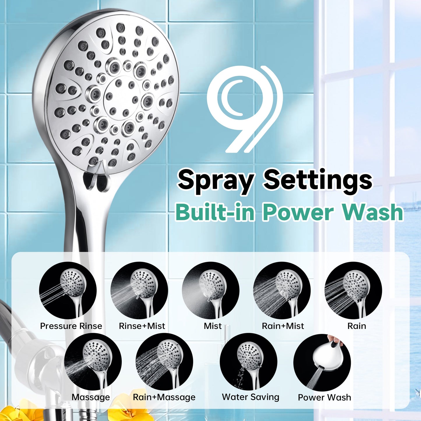 Handheld Shower Head, 9-Spray Showerhead with 69" Hose, Bracket