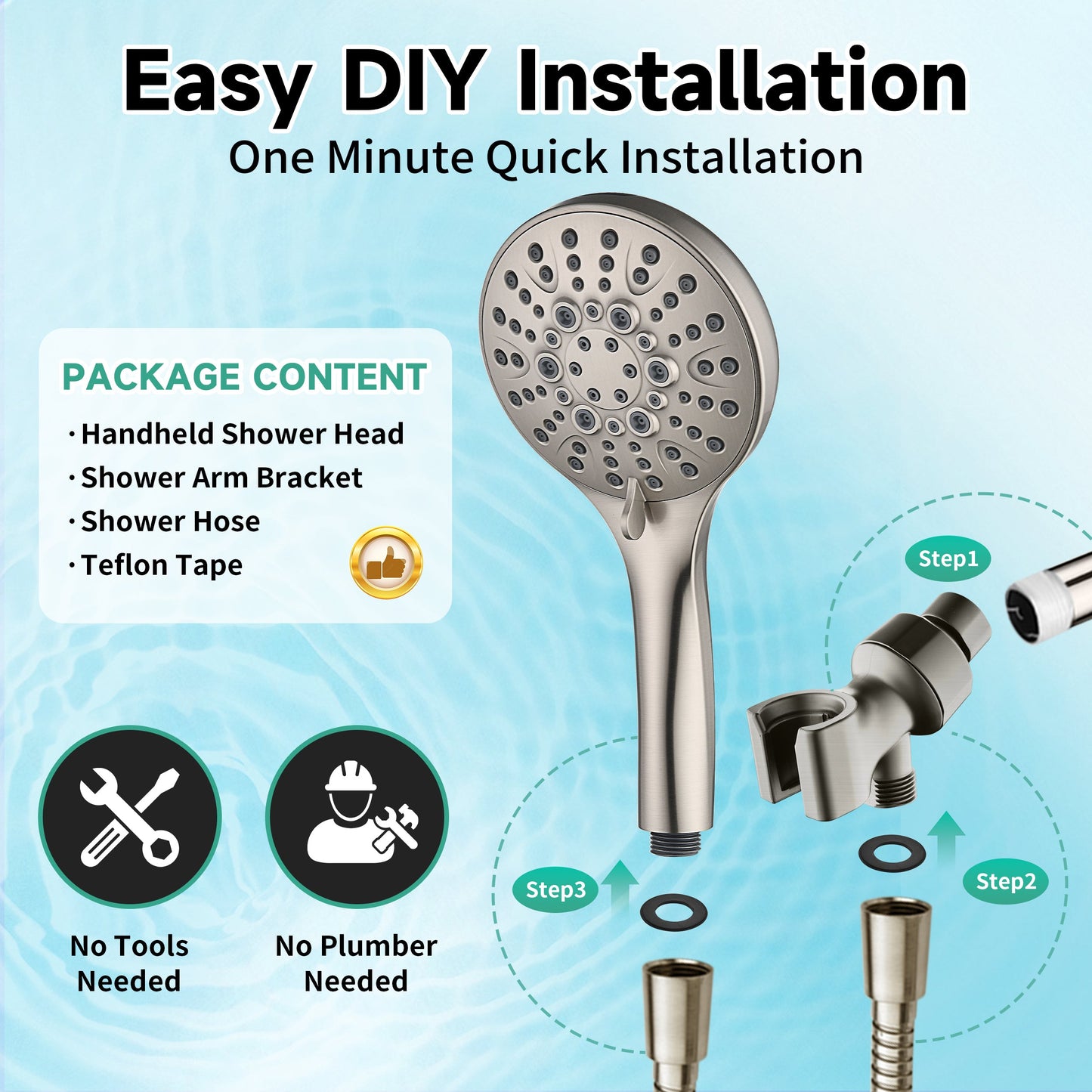 Handheld Shower Head, 9-Spray Showerhead with 69" Hose, Bracket