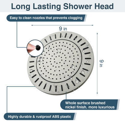 9-Inch Waterfall Rain Shower Head with Adjustable Angle and Anti-Clog Silicone Nozzles