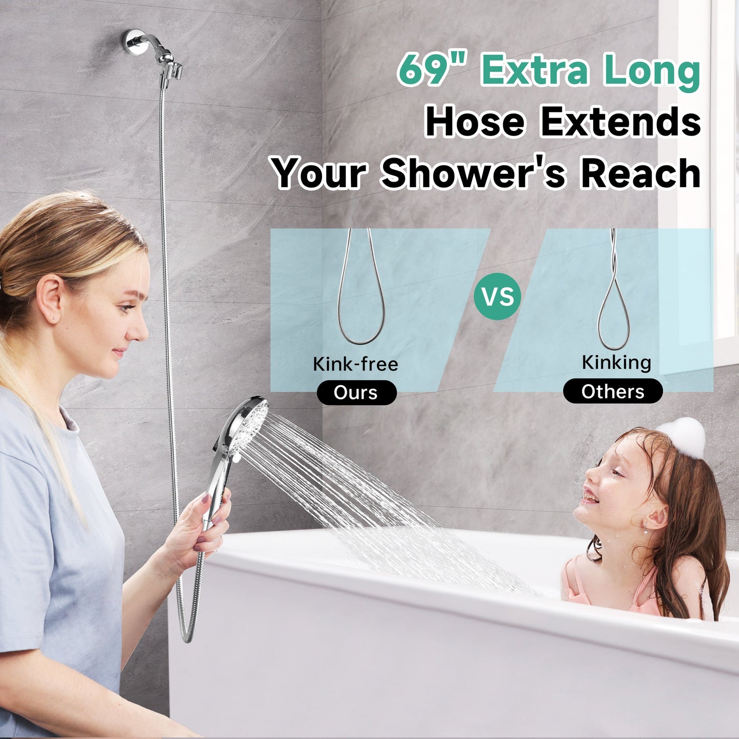 Handheld Shower Head, 9-Spray Showerhead with 69" Hose, Bracket