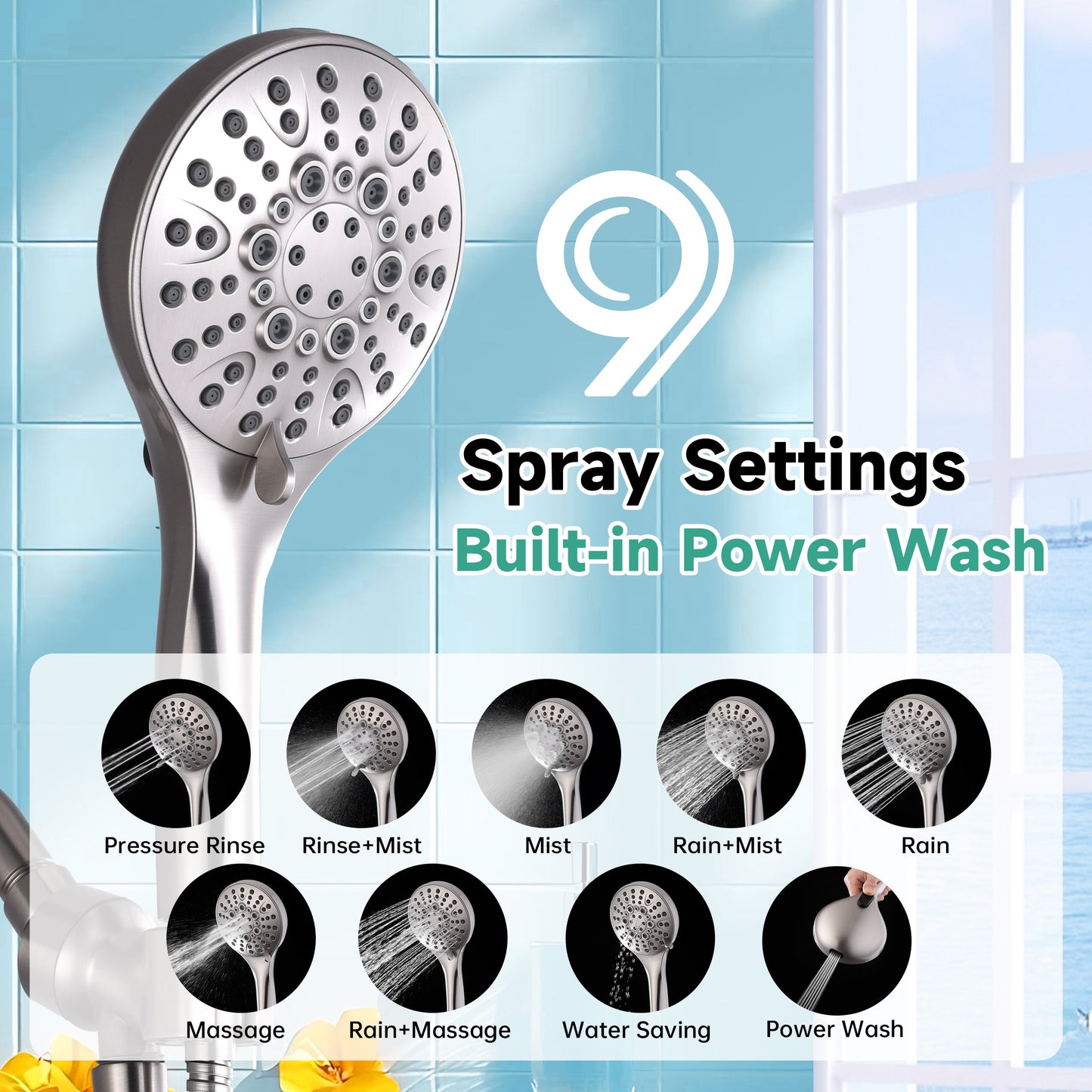 Handheld Shower Head, 9-Spray Showerhead with 69" Hose, Bracket